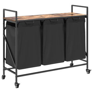 vidaXL Panier &agrave; linge &agrave; 3 compartiments avec roulettes ch&ecirc;ne fum&eacute;