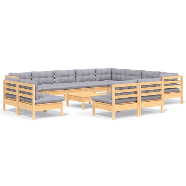 vidaXL Salon de jardin 13 pcs avec coussins gris Bois de pin solide