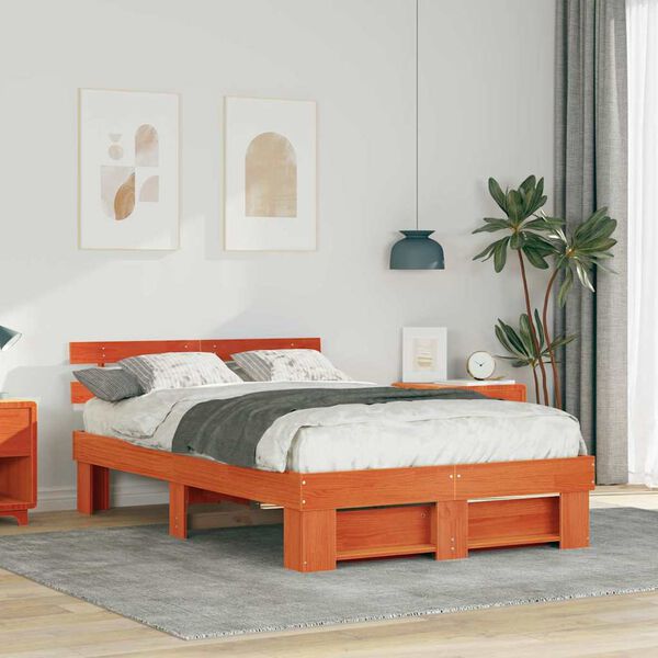 vidaXL Cadre de lit avec t&ecirc;te de lit Brun cire 135 x 190 cm Pin massif