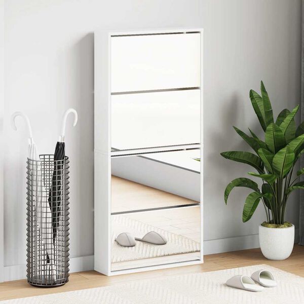 vidaXL Meuble &agrave; chaussures 4 &eacute;tag&egrave;res et miroir 63x17x134 cm Blanc