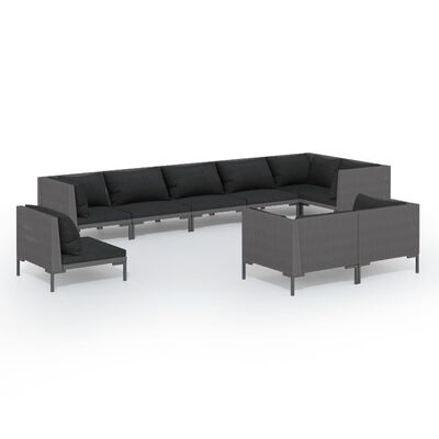 vidaXL Salon de jardin 9 pcs avec coussins Résine tressée Gris foncé