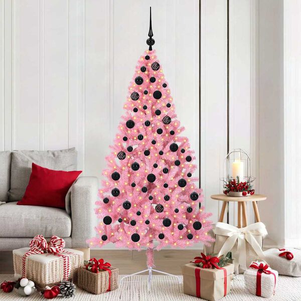 vidaXL Sapin de No&euml;l artificiel pr&eacute;-&eacute;clair&eacute; Rose 180 cm PVC