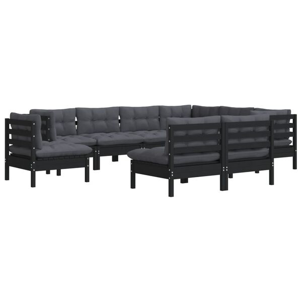 vidaXL Salon de jardin 9 pcs avec coussins Noir Bois de pin massif