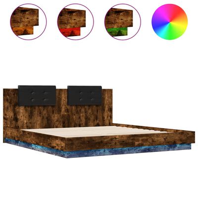 vidaXL Cadre de lit tête de lit et lumières LED chêne fumé 180x200 cm