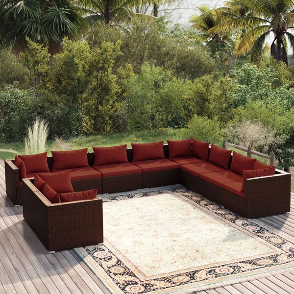 vidaXL Salon de jardin 10 pcs avec coussins marron r&eacute;sine tress&eacute;e