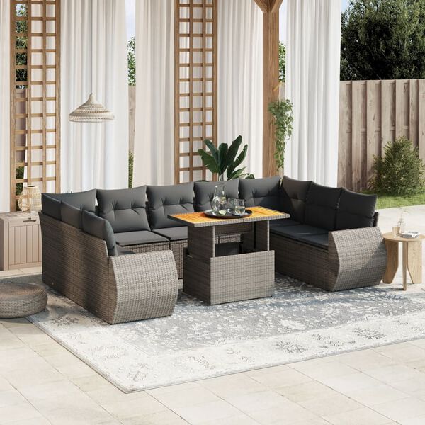 vidaXL Salon de jardin avec coussins 10 pcs gris r&eacute;sine tress&eacute;e