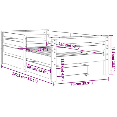 vidaXL Cadre de lit enfant avec tiroirs 70x140 cm bois de pin massif