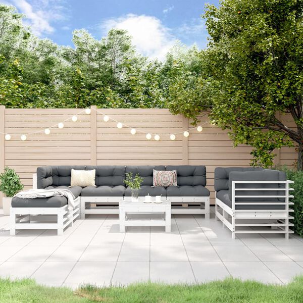 vidaXL Salon de jardin 9 pcs Blanc Bois de pin massif