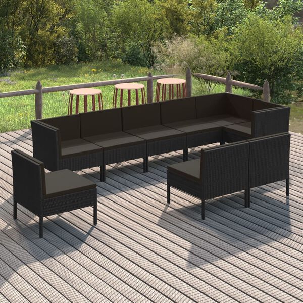 vidaXL Salon de jardin 9 pcs avec coussins R&eacute;sine tress&eacute;e Noir