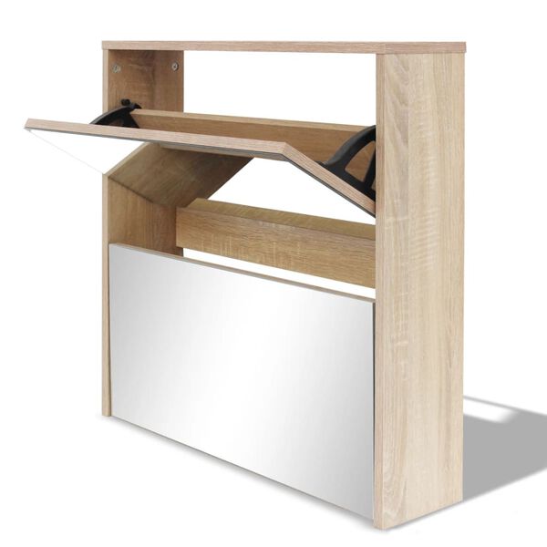 vidaXL Meuble &agrave; chaussures 2 &eacute;tages avec miroir 63x17x67 cm Ch&ecirc;ne