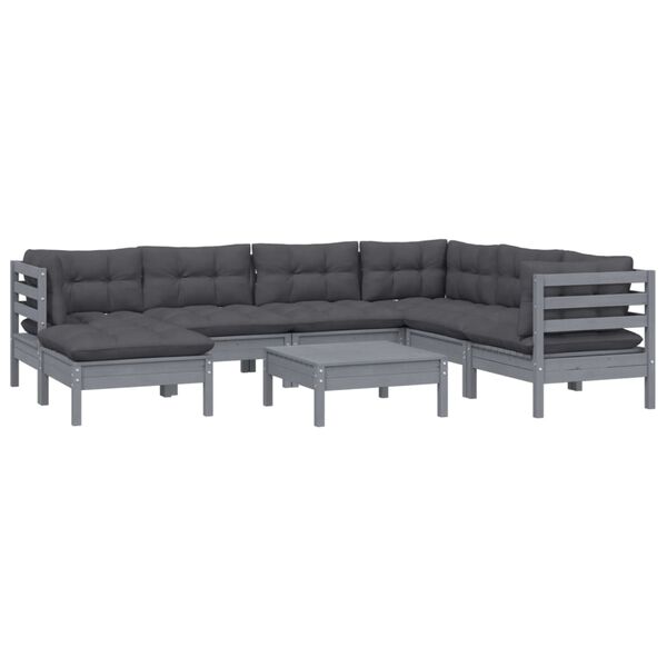 vidaXL Salon de jardin 8 pcs avec coussins Gris Bois de pin massif