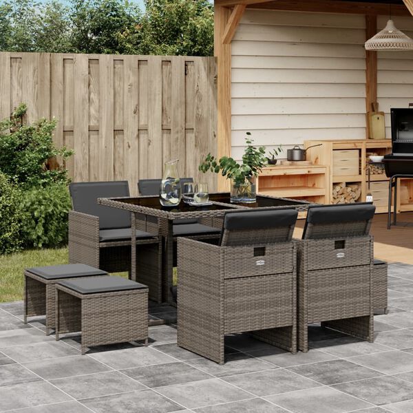 vidaXL Ensemble &agrave; manger de jardin 9 pcs coussins gris r&eacute;sine tress&eacute;e