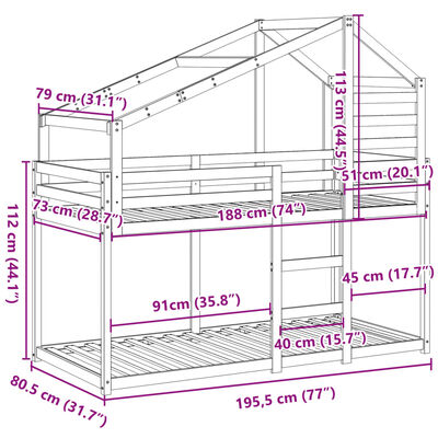 vidaXL Lit superposé avec toit 75x190 cm bois de pin massif