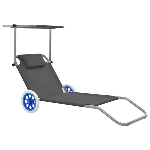 vidaXL Chaise longue pliable avec auvent et roues Acier Gris