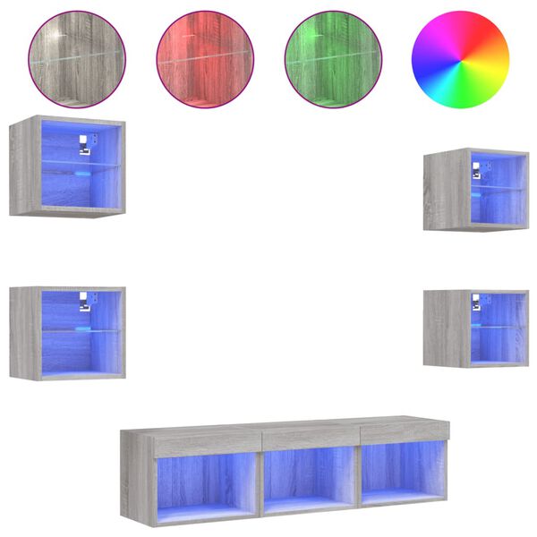 vidaXL Unit&eacute;s murales TV avec LED 7 pcs gris sonoma bois d'ing&eacute;nierie