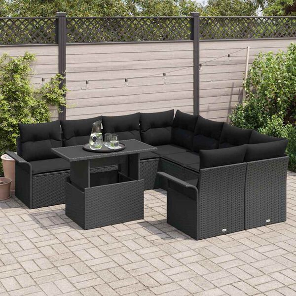 vidaXL Ensemble de canap&eacute; de jardin avec coussin 9 pcs Noir Poly rotin