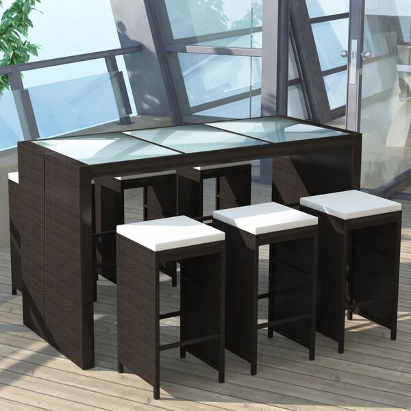 vidaXL Ensemble de bar de jardin 7 pcs coussins R&eacute;sine tress&eacute;e Marron
