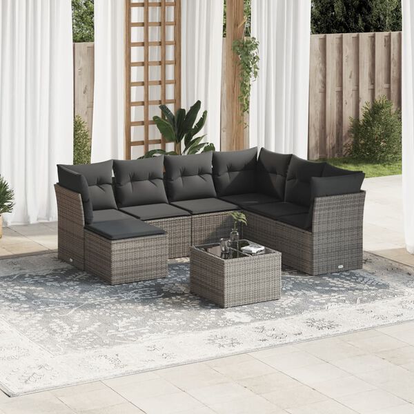 vidaXL Salon de jardin 8 pcs avec coussins gris r&eacute;sine tress&eacute;e