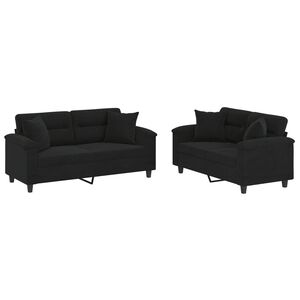 vidaXL Ensemble de canap&eacute;s 2 pcs avec coussins Noir Tissu microfibre