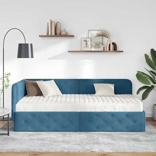 vidaXL Cadre de lit d'angle avec matelas Bleu 90 x 200 cm Velours