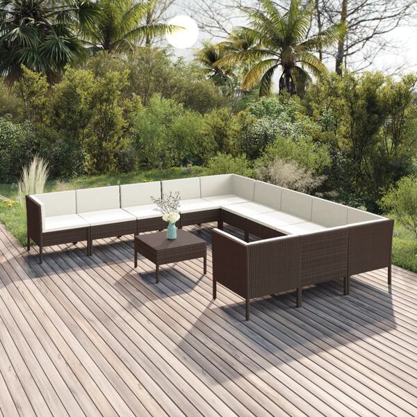 vidaXL Salon de jardin 12 pcs avec coussins R&eacute;sine tress&eacute;e Marron