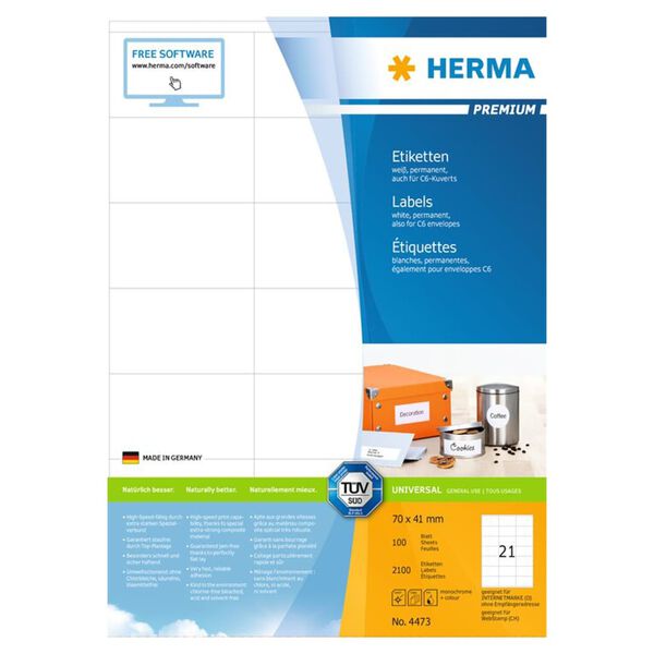HERMA &Eacute;tiquettes permanentes PREMIUM A4 70x41 mm 100 Feuilles