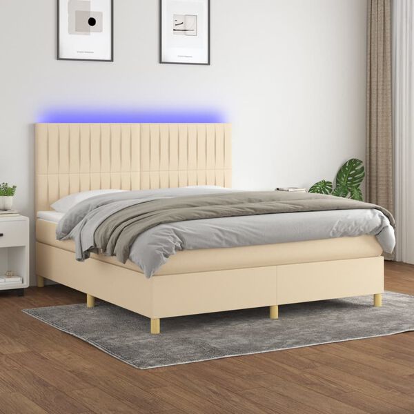 vidaXL Sommier &agrave; lattes de lit et matelas et LED Cr&egrave;me 180x200cm Tissu