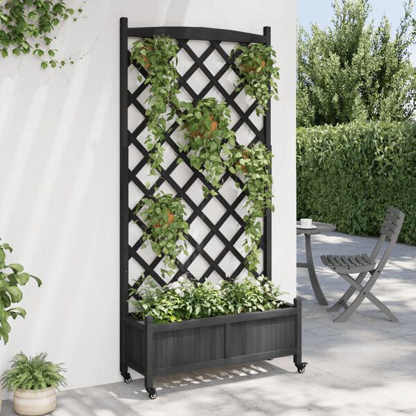 vidaXL Jardini&egrave;re avec treillis et roues noir bois massif de sapin