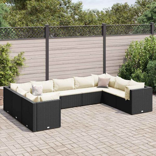 vidaXL Salon de jardin 9 pcs avec coussins Noir Résine tressée