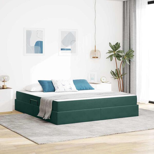 vidaXL Lit avec rangement et matelas Vert fonc&eacute; 160 x 200 cm Velours