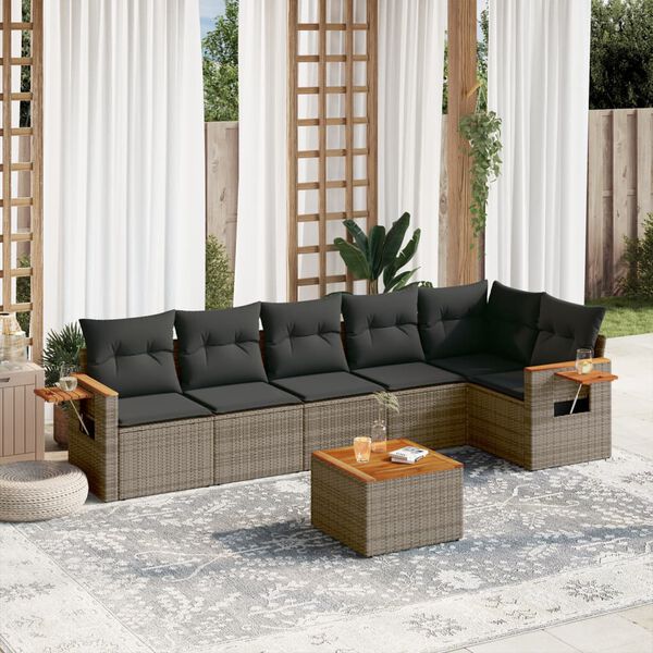vidaXL Salon de jardin avec coussins 7 pcs gris r&eacute;sine tress&eacute;e
