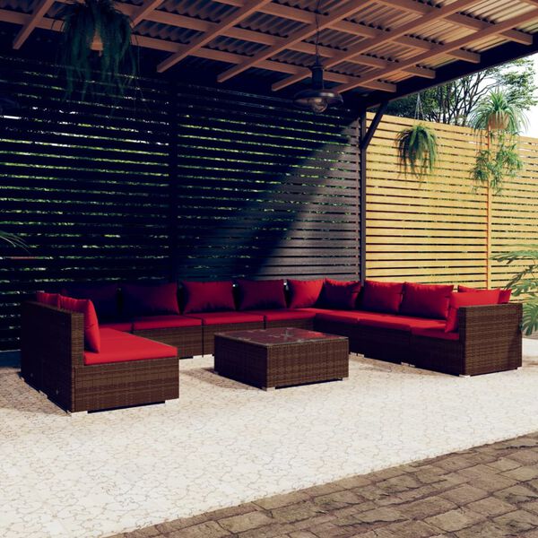 vidaXL Salon de jardin 11 pcs avec coussins marron r&eacute;sine tress&eacute;e