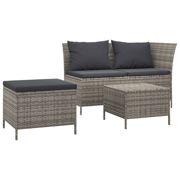 vidaXL Salon de jardin 3 pcs avec coussins Gris R&eacute;sine tress&eacute;e