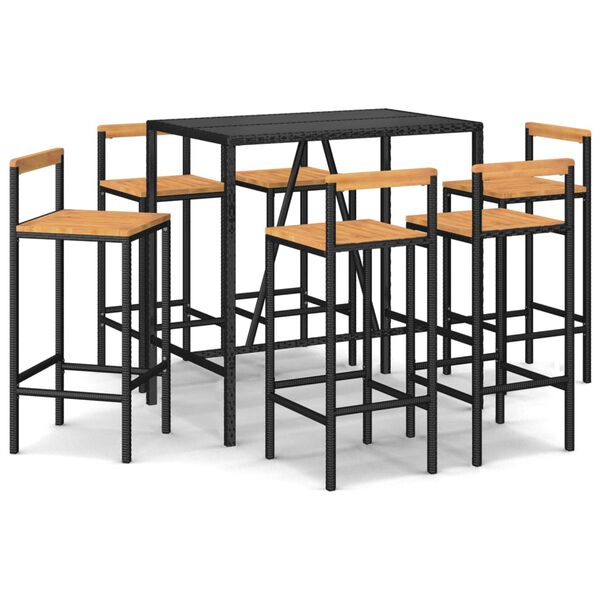 vidaXL Ensemble de bar jardin 7 pcs noir poly rotin/bois massif acacia