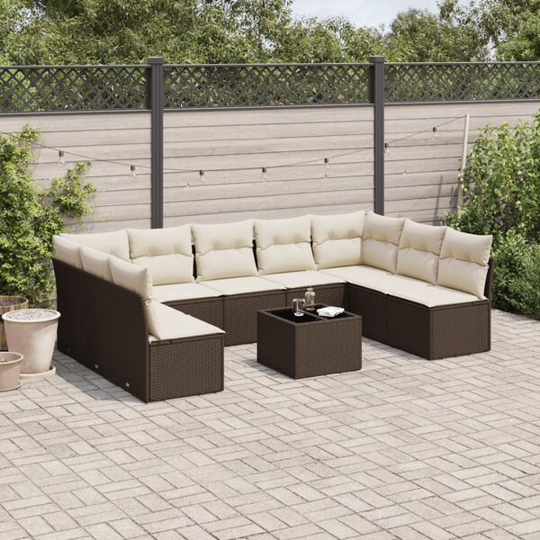 vidaXL Salon de jardin 10 pcs avec coussins marron r&eacute;sine tress&eacute;e