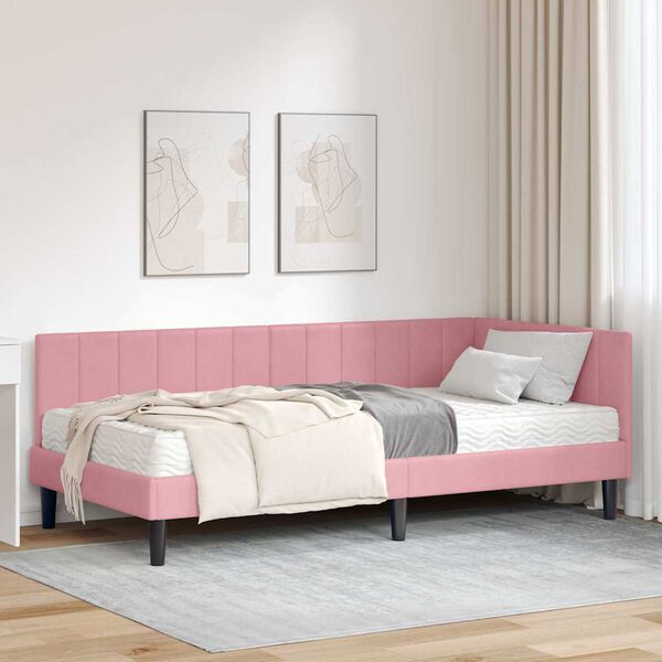 vidaXL Cadre de lit d'angle avec matelas Rose 90 x 200 cm Velours