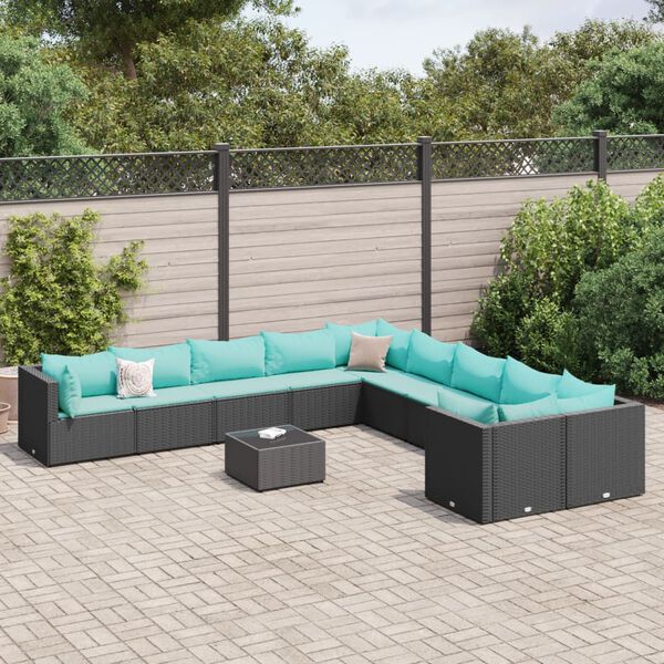 vidaXL Salon de jardin 10 pcs avec coussins noir résine tressée