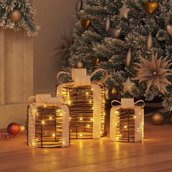 vidaXL D&eacute;coration de bo&icirc;te cadeau avec 60 LED 3 pcs Blanc chaud Rotin
