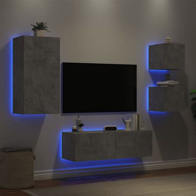 vidaXL Meuble TV muraux 4 pcs avec lumières LED gris béton