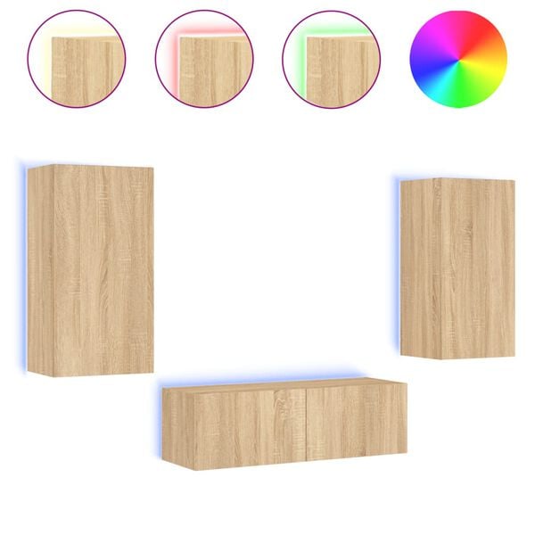 vidaXL Meuble TV muraux 3 pcs avec lumi&egrave;res LED ch&ecirc;ne sonoma