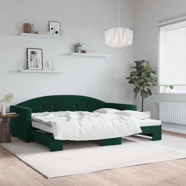 vidaXL Lit de jour avec gigogne sans matelas vert fonc&eacute; 90x200 cm