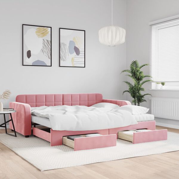 vidaXL Lit de jour avec gigogne et tiroirs rose 90x200 cm velours