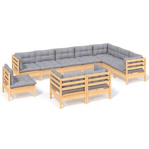 vidaXL Salon de jardin 10 pcs avec coussins gris bois de pin massif