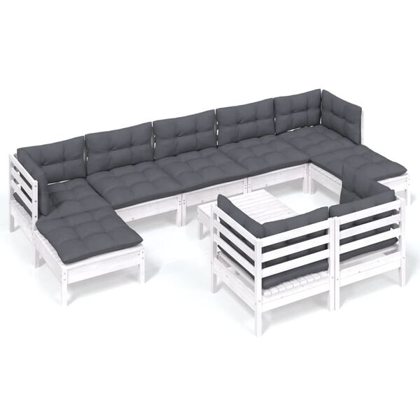 vidaXL Salon de jardin 10 pcs avec coussins blanc bois de pin massif