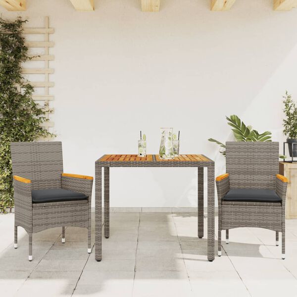 vidaXL Ensemble &agrave; manger de jardin et coussins 3 pcs gris rotin acacia