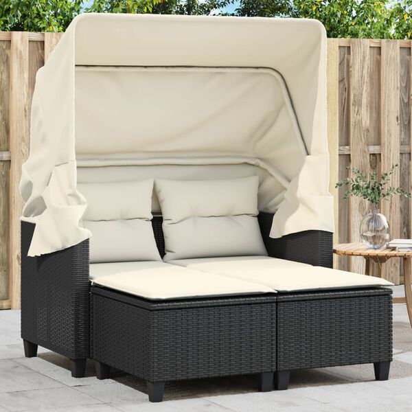 vidaXL Canap&eacute; de jardin 2 places avec auvent et tabourets noir rotin