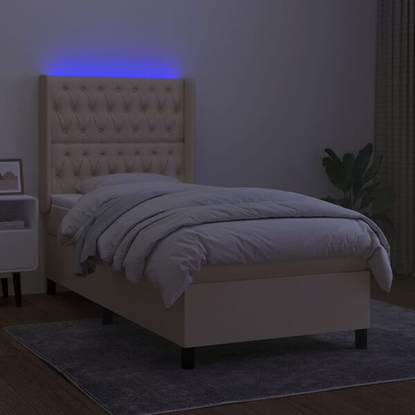 vidaXL Sommier &agrave; lattes de lit matelas et LED Cr&egrave;me 90x200 cm Tissu
