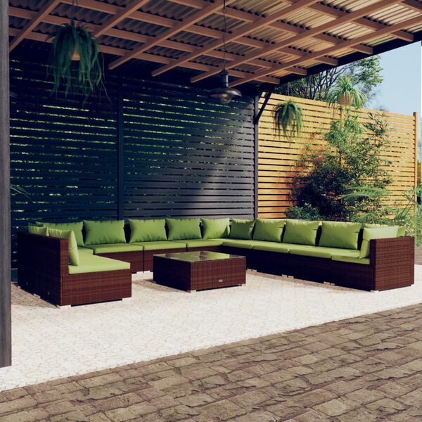 vidaXL Salon de jardin 12 pcs avec coussins Marron R&eacute;sine tress&eacute;e