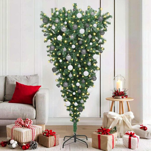 vidaXL Sapins de No&euml;l artificiels pr&eacute;-&eacute;clair&eacute;s &agrave; l'envers avec ensemble de boules