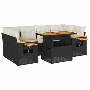 vidaXL Salon de jardin avec coussins 7 pcs noir r&eacute;sine tress&eacute;e acacia
